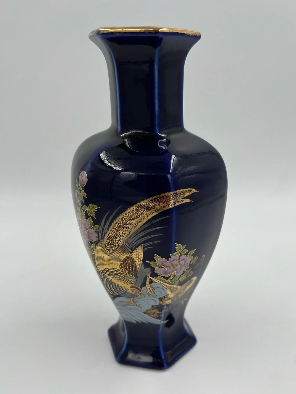 Vintage Japanese Blue Cobalt Porcelain Floral Gold Pheasant Vase 8” Tall